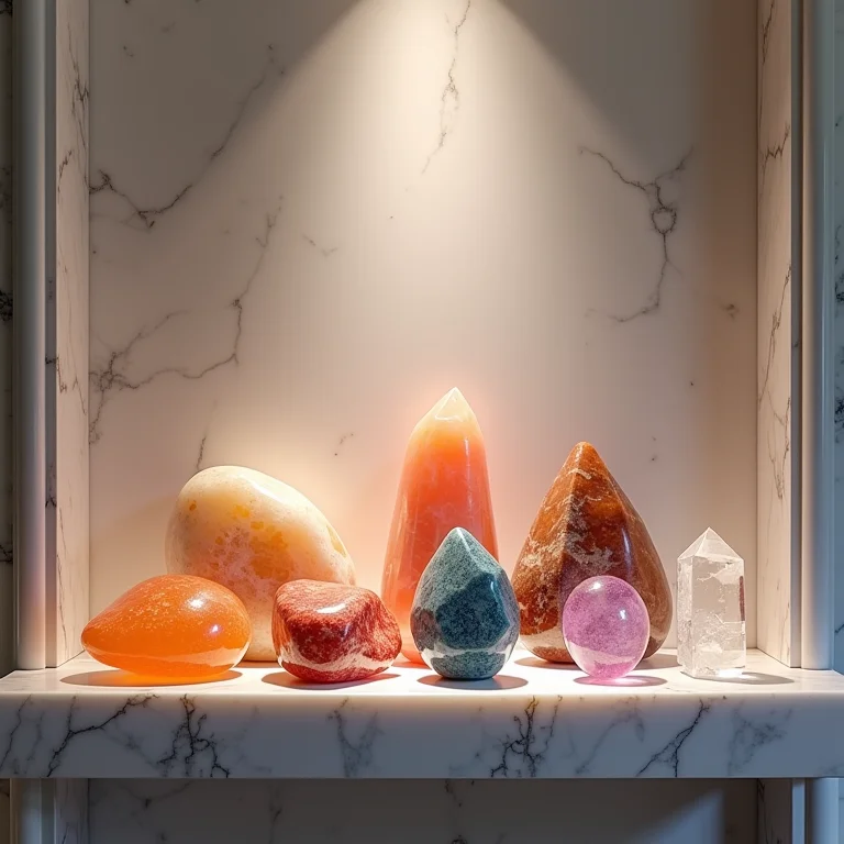 Estante de mármore com pedras e cristais polidos.