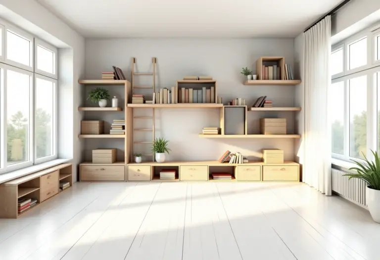 Estante DIY com diversos estilos em uma sala de estar iluminada.