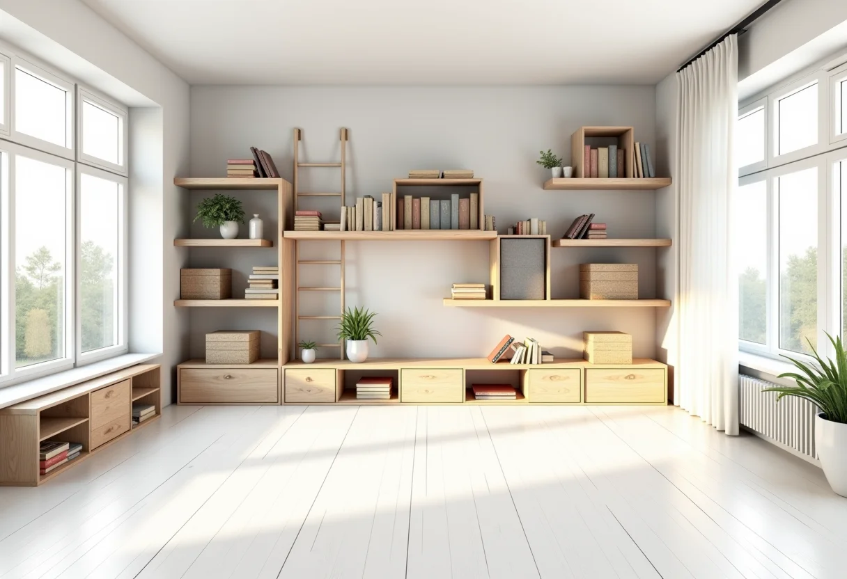 Estante DIY com diversos estilos em uma sala de estar iluminada.