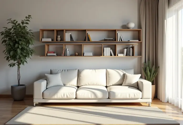 Estante DIY com diversos estilos em uma sala de estar iluminada