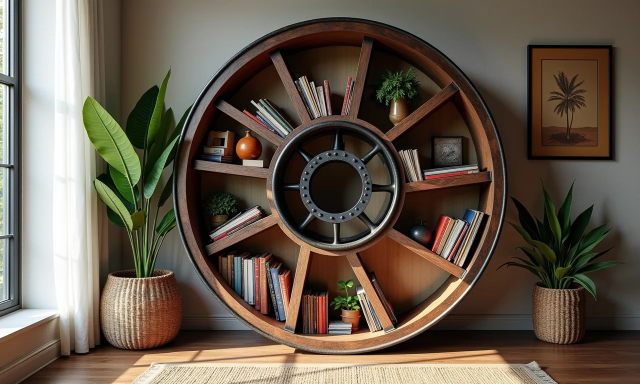 Estante feita de carretel de fio em uma biblioteca doméstica com livros e decoração brasileira.