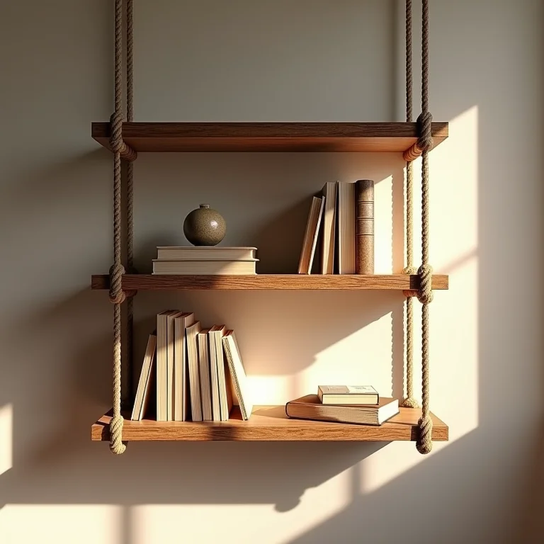 Estante suspensa com cordas e madeira