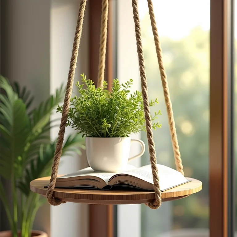 Estante suspensa com cordas, leve e original.