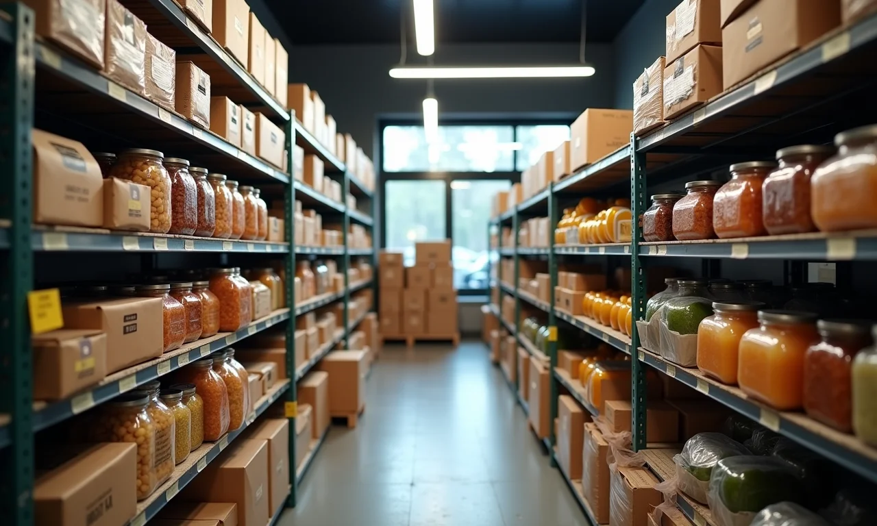 Estoque de restaurante organizado e limpo.