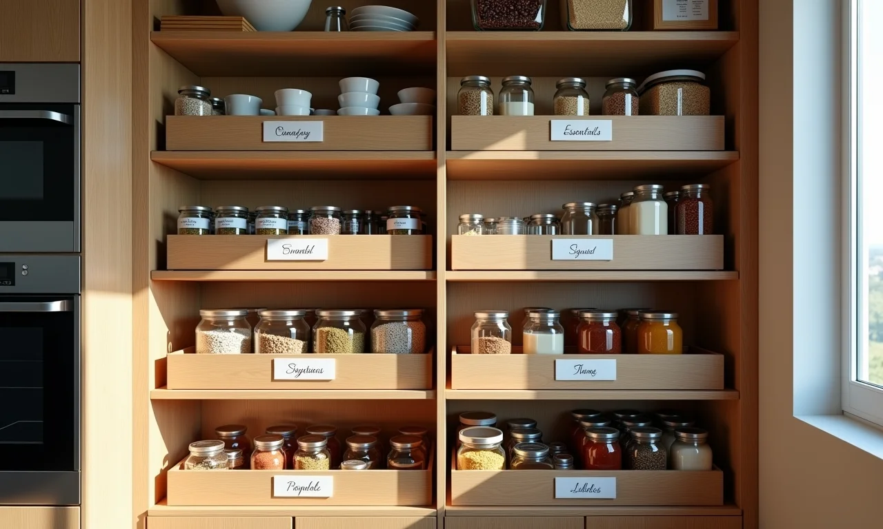 Estoque inteligente de alimentos essenciais na despensa organizada.