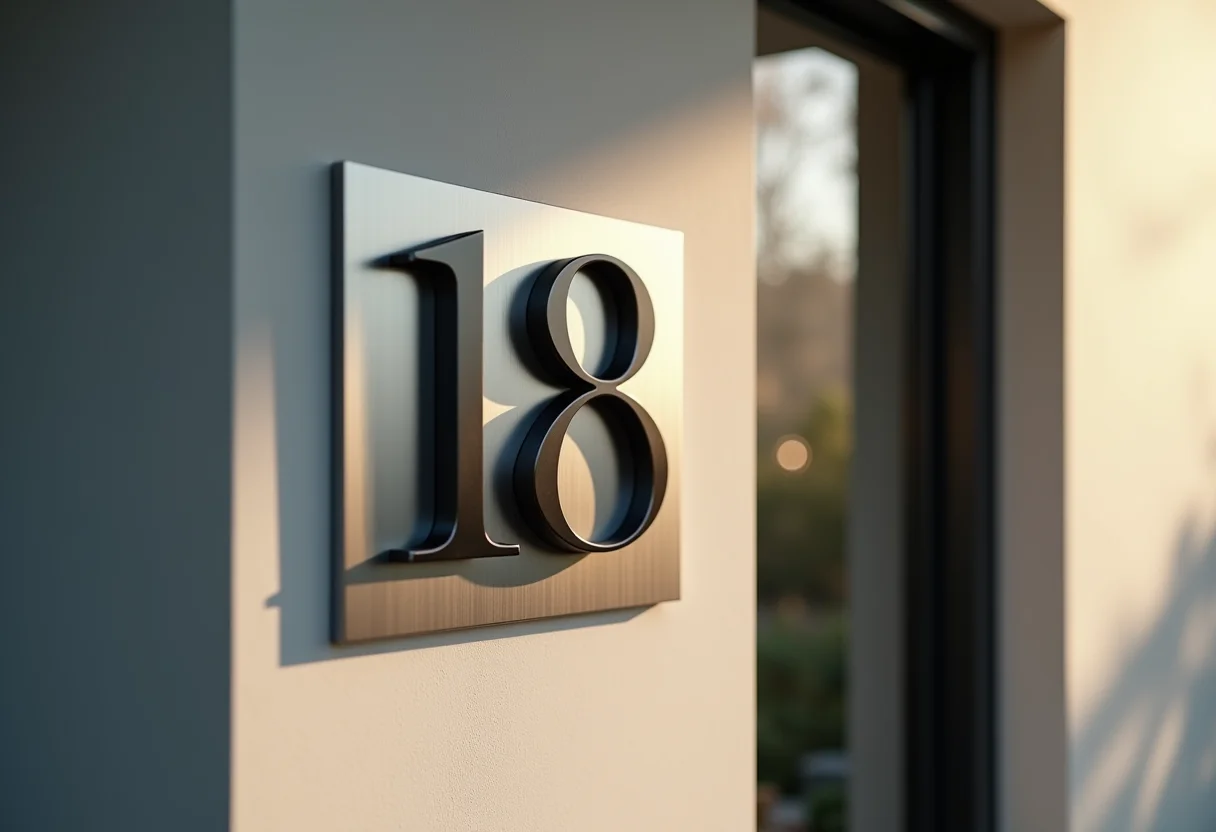 Fachada de casa moderna com números de inox e adesivo.