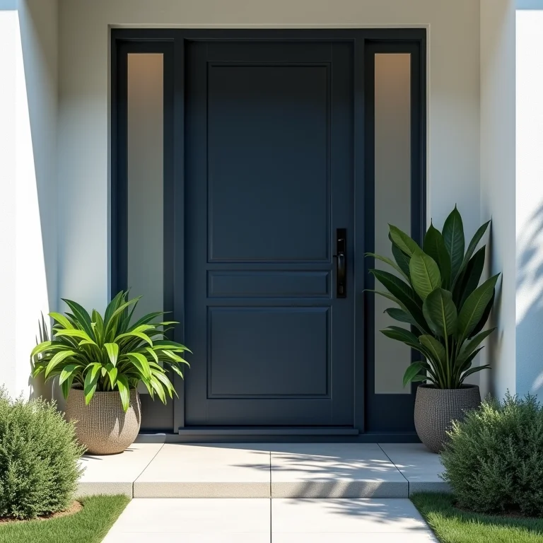 Fachada moderna com porta azul e plantas