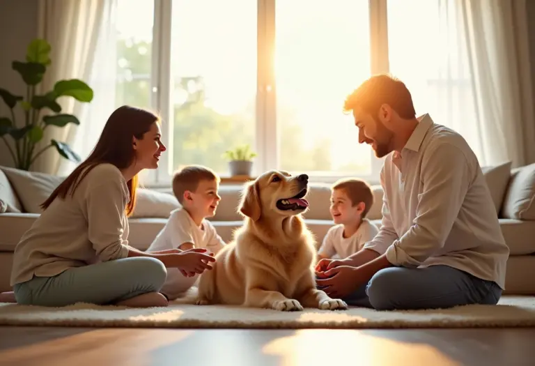 Família brincando com cachorro em casa organizada e iluminada