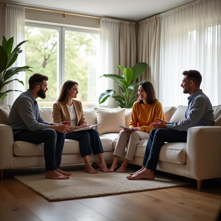 Família definindo prioridades na escolha de móveis.