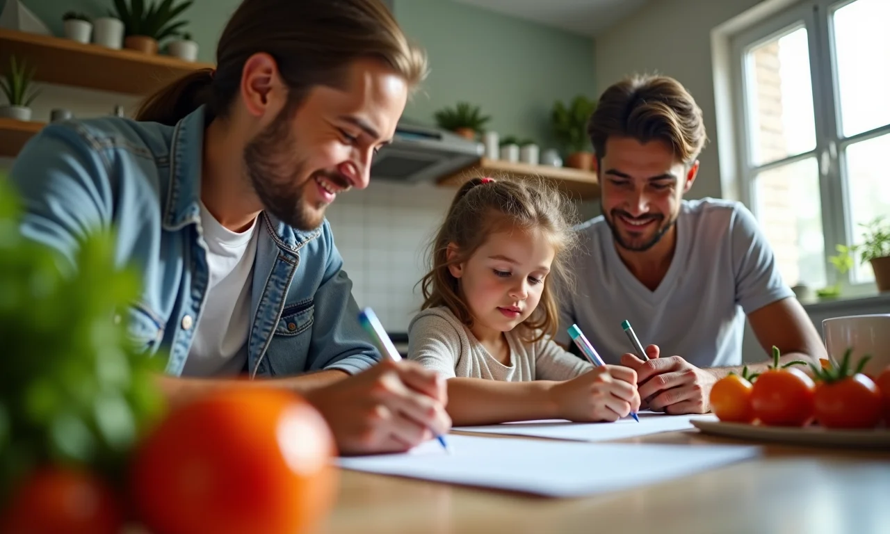 Família elaborando lista de compras na cozinha.