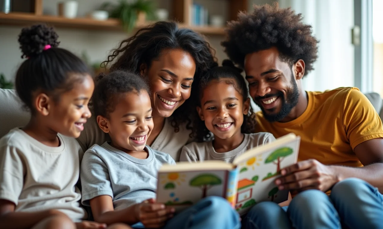 Família reunida olhando álbuns de fotos e rindo.