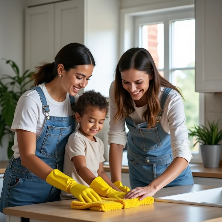 Família trabalhando junta na limpeza da casa.
