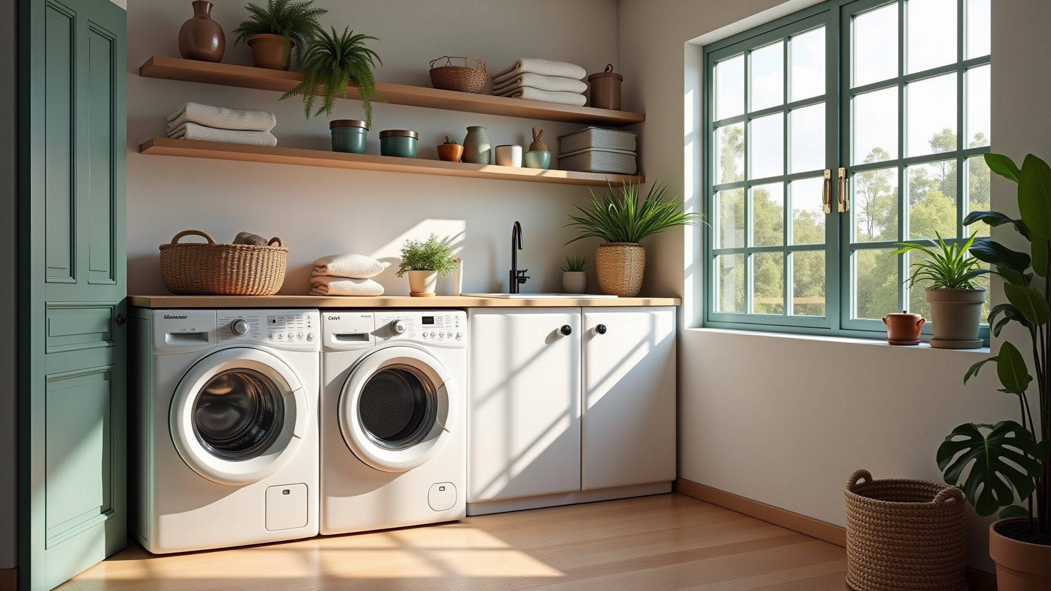 Lavanderia dos sonhos otimizada com soluções inteligentes e decoração vibrante.