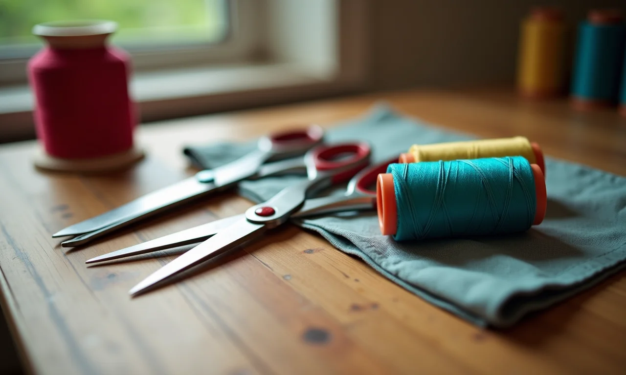 Ferramentas de costura: agulha, linha e tesoura.