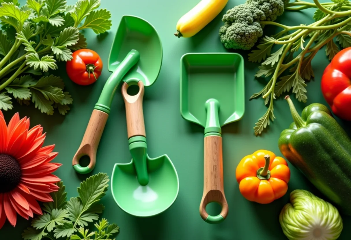 Ferramentas de jardinagem organizadas em meio a um jardim exuberante