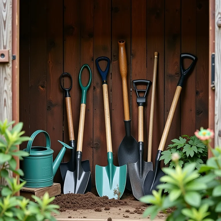 Ferramentas de jardinagem organizadas em uma cabana