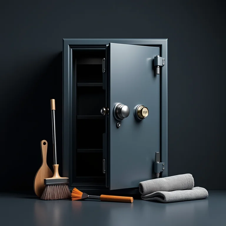 Ferramentas de limpeza ao lado de um cofre aberto.