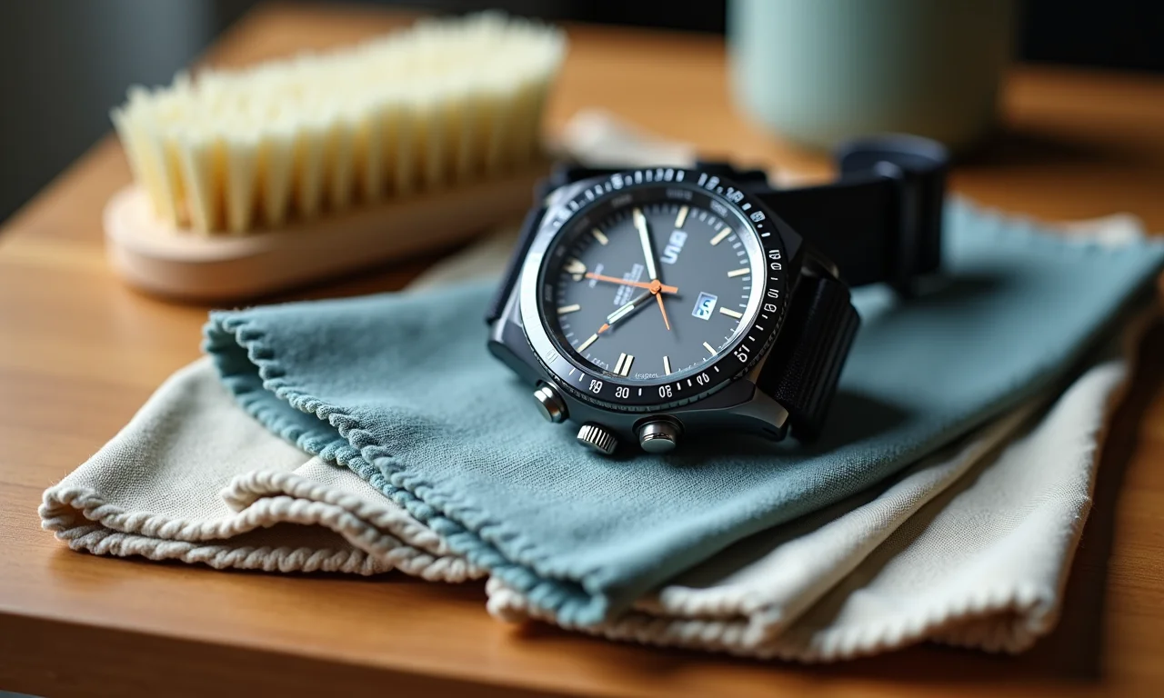 Ferramentas essenciais para limpar relógios: panos, escovas, solução.