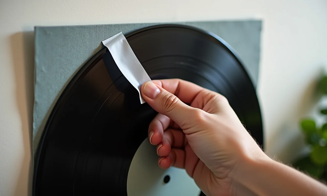 Fita dupla face fixando disco de vinil na parede.