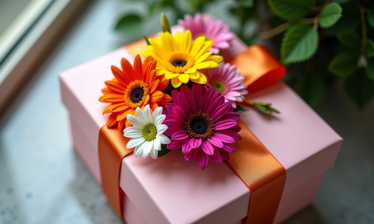 Flores frescas incorporadas em um laço em uma caixa de presente.