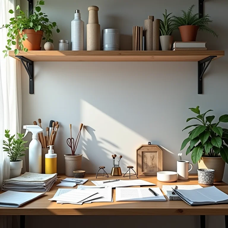 Foto comparativa de uma mesa bagunçada e uma prateleira organizada.