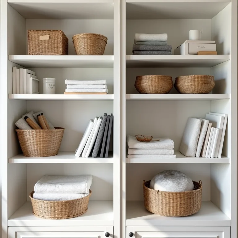 Foto comparativa de uma prateleira antes e depois da organização.