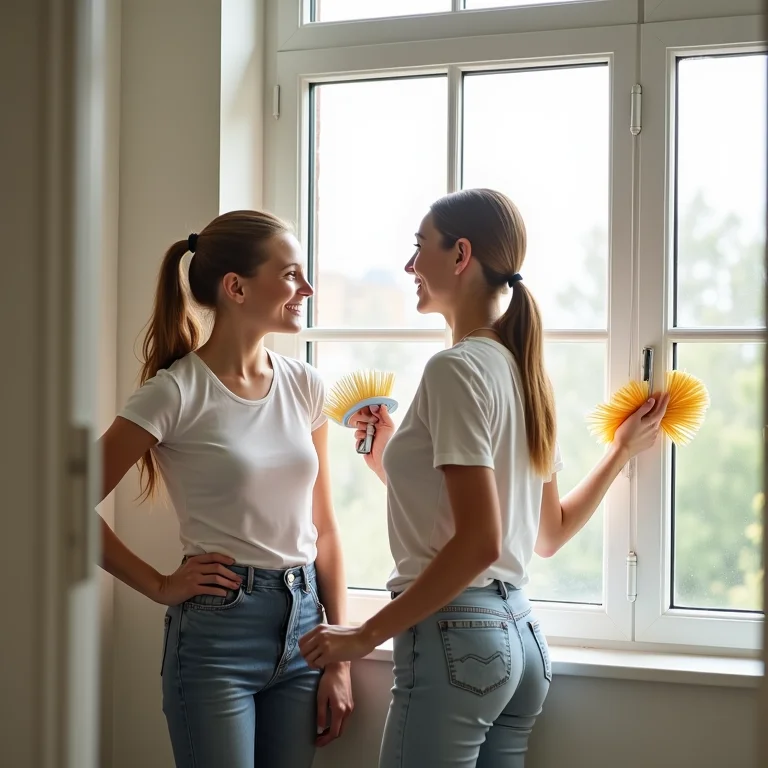 Foto de duas pessoas limpando juntas.