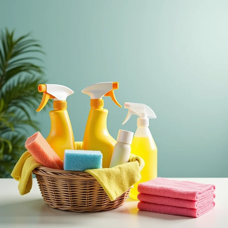 Foto de materiais de limpeza organizados em um cesto.