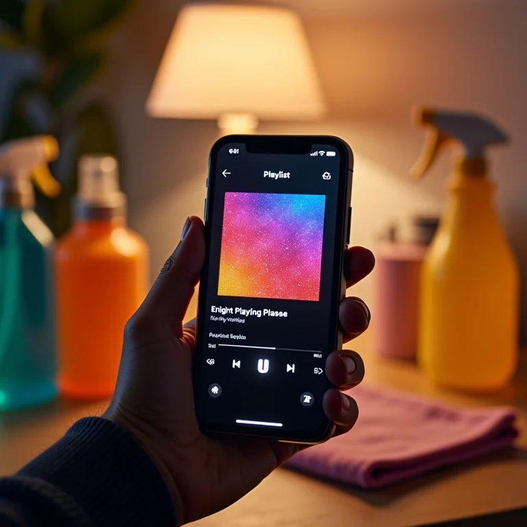 Foto de um smartphone tocando música durante a limpeza.