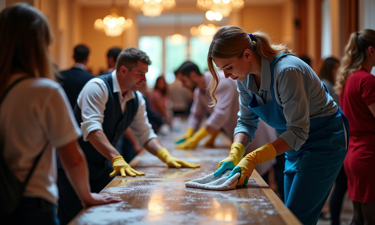 Funcionários da limpeza discretamente limpando durante evento, mantendo a organização.