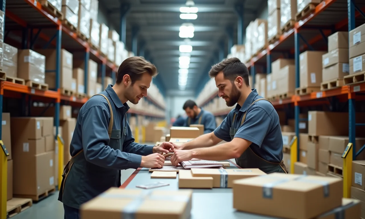 Funcionários realizando a contagem física dos produtos em um armazém.