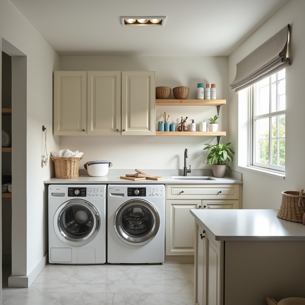 Functional laundry room with folding countertop, organized products, natural light, professional Lavanderia funcional com bancada dobrável.