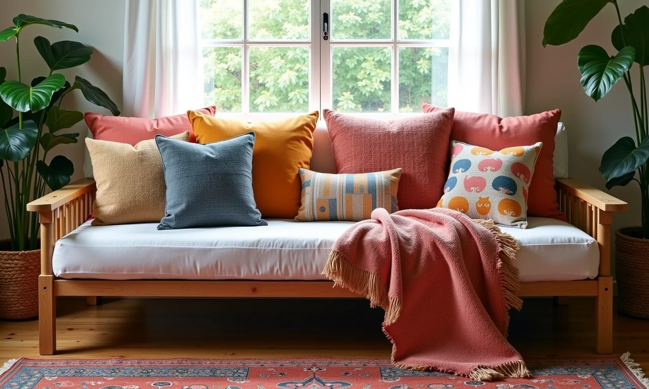 Futon artesanal decorado com almofadas coloridas.