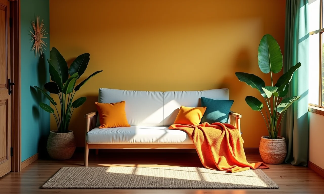 Futon artesanal em sala de estar brasileira, com decoração colorida e aconchegante.