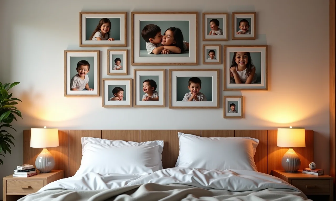 Galeria de fotos emolduradas acima da cama criando um espaço emocional.