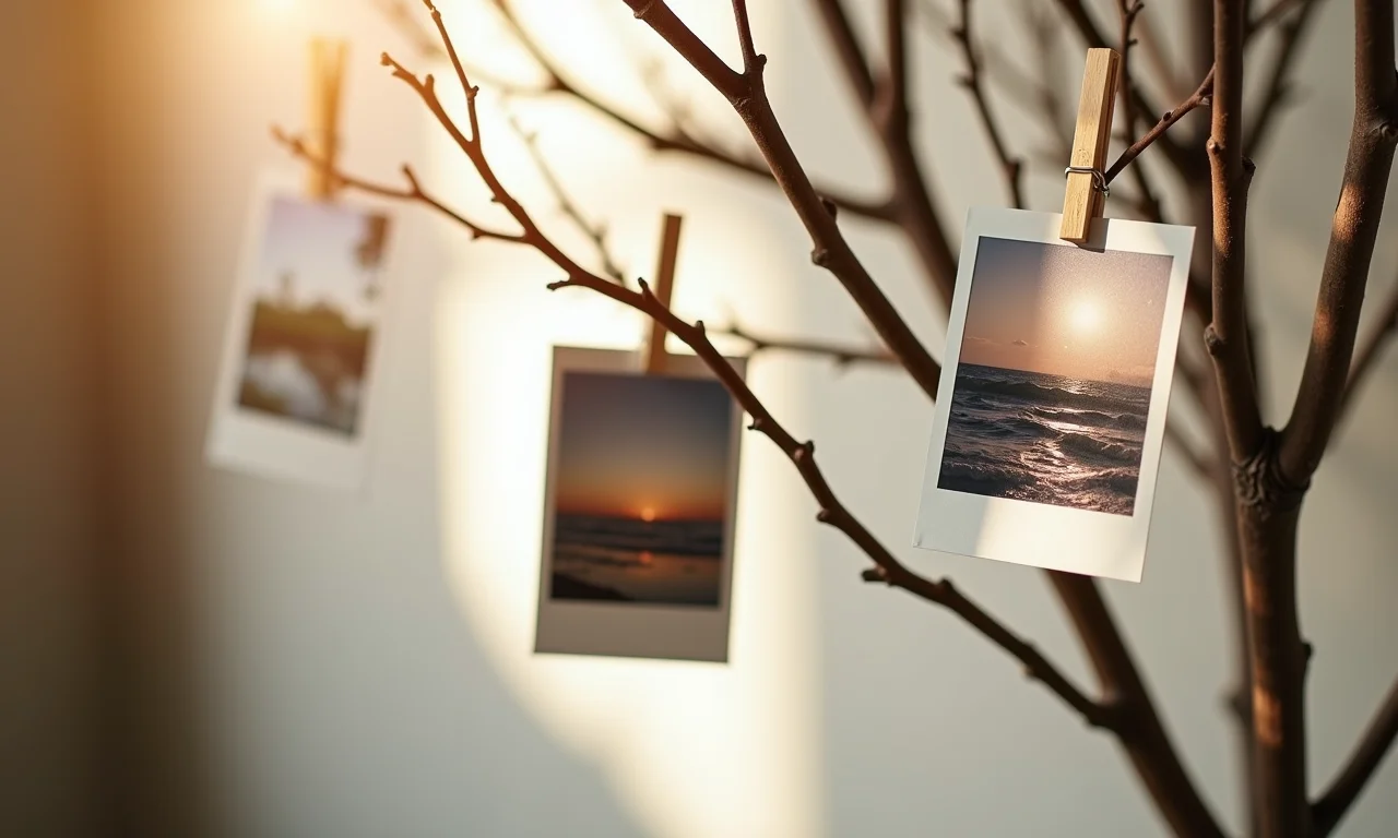 Galhos secos servindo como suporte para fotos e recados em um ambiente aconchegante.