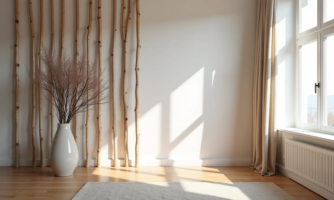 Galhos secos usados como divisórias de ambiente em um apartamento arejado.