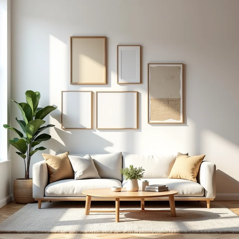 Gallery wall assimétrica com molduras e obras de arte variadas para um toque moderno.