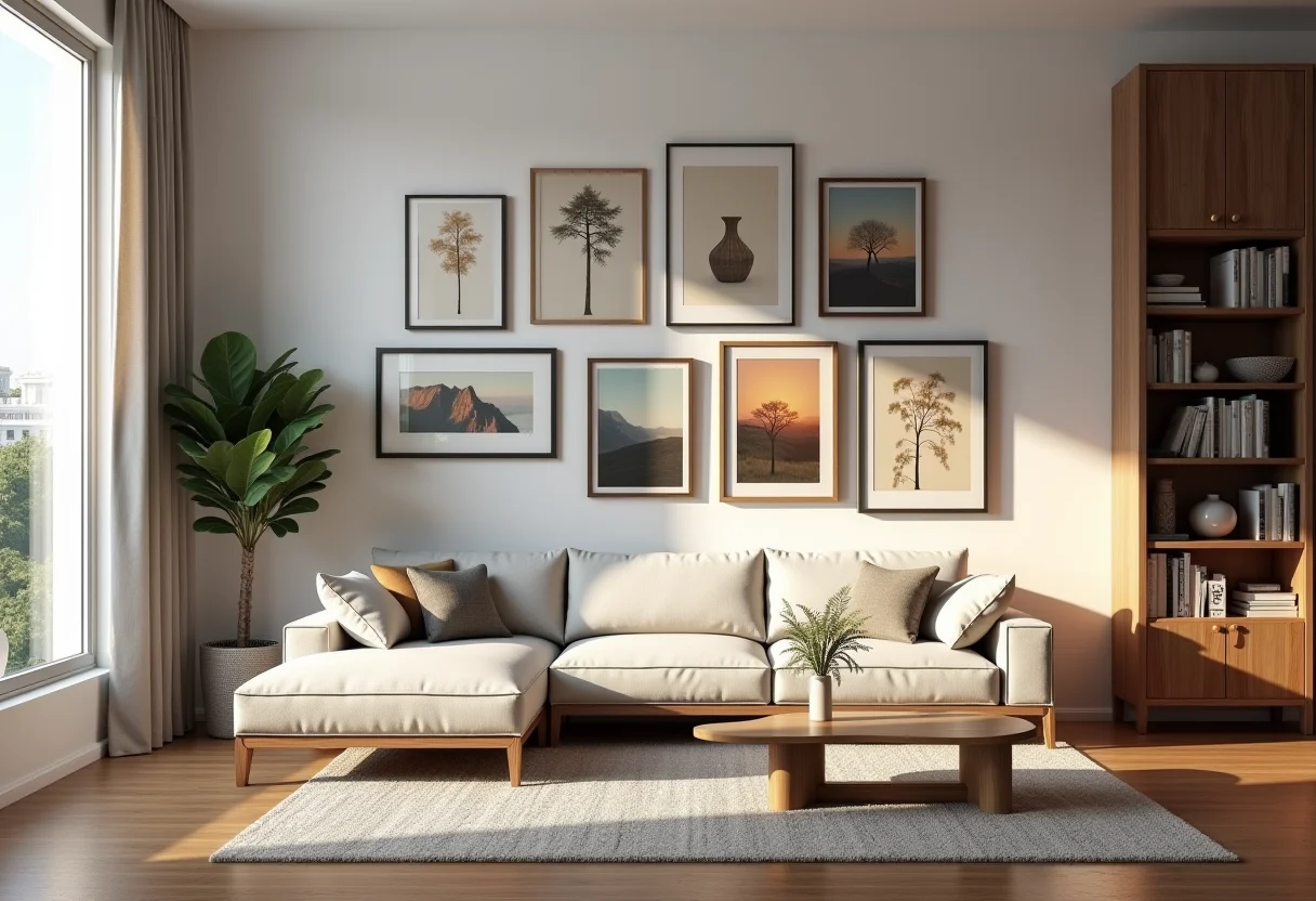 Gallery wall bem organizada em sala de estar moderna