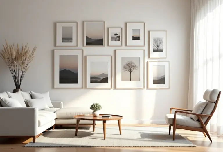 Gallery wall elegante em sala de estar moderna