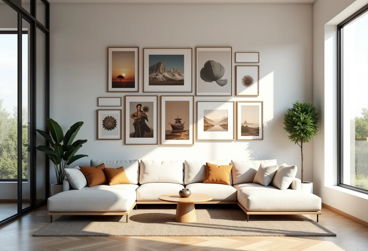 Gallery wall elegante em sala de estar moderna com iluminação natural.