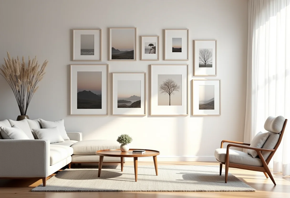 Gallery wall elegante em sala de estar moderna