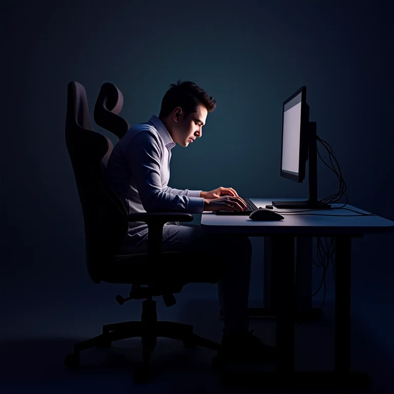Gamer com postura inadequada em frente ao computador, demonstrando falta de ergonomia.
