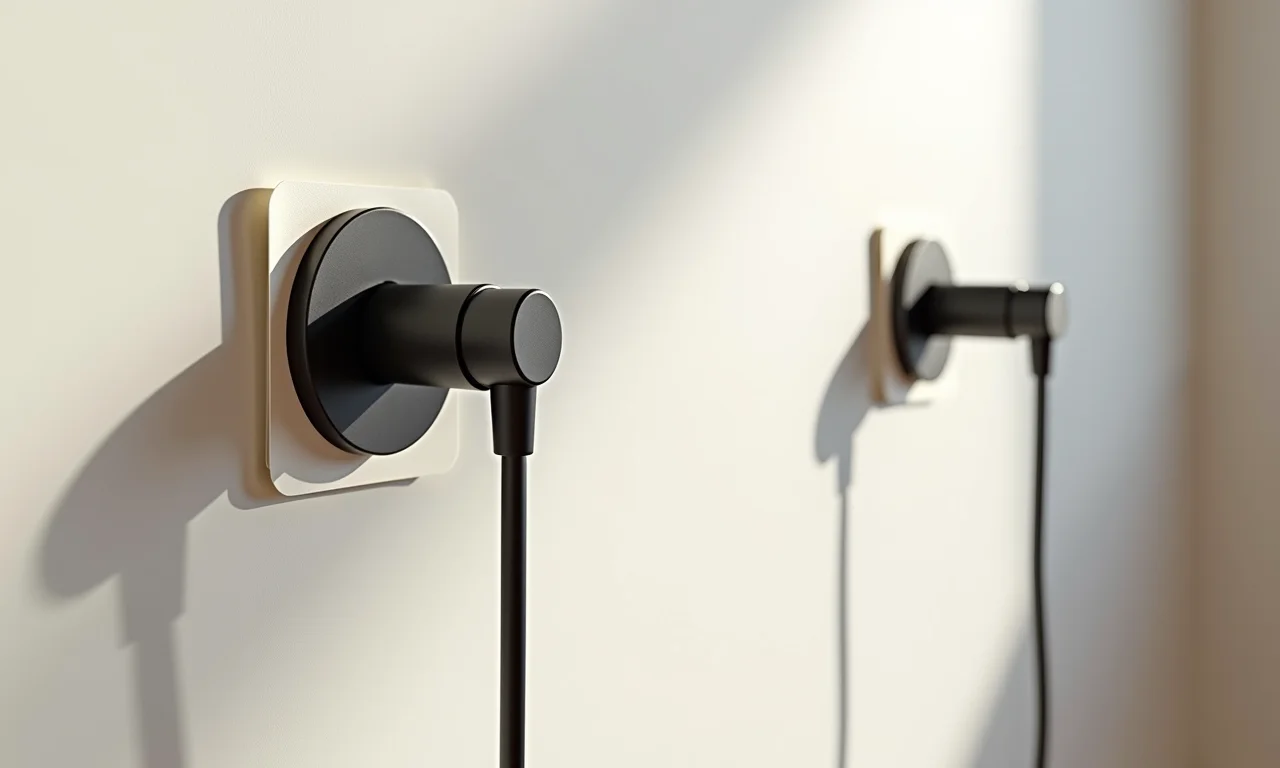 Ganchos adesivos segurando cabos na parede.