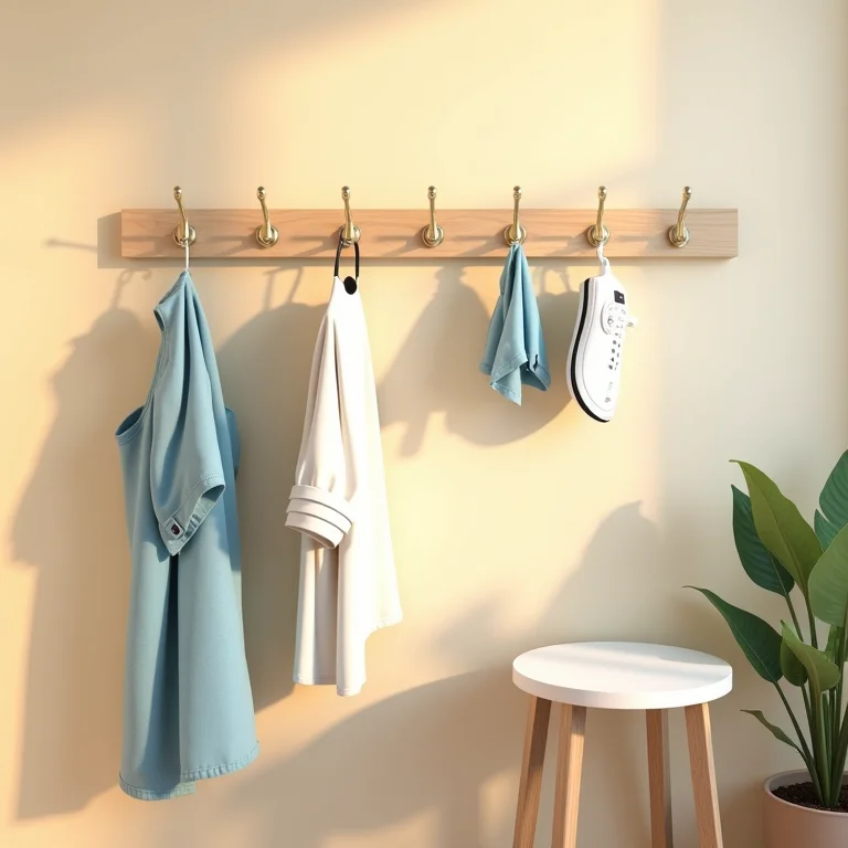 Ganchos e varões como aliados na lavanderia.