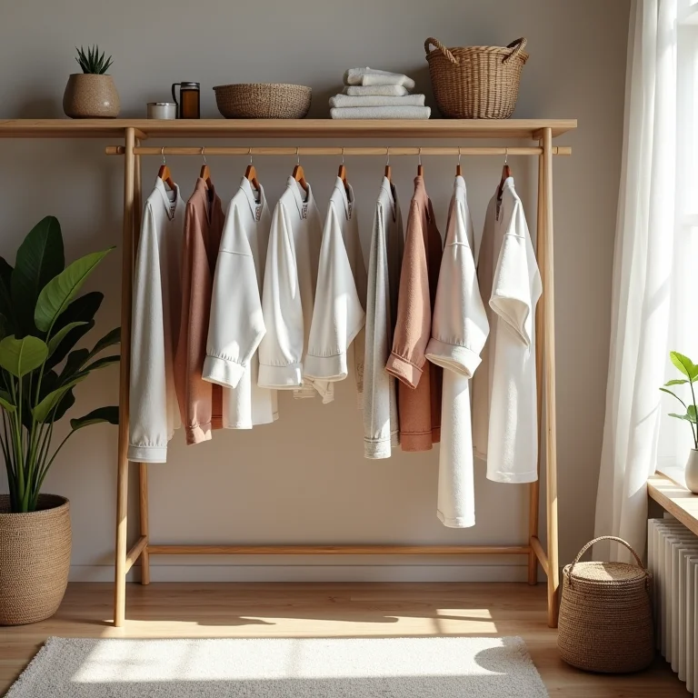 Ganchos e varões para organizar roupas na lavanderia