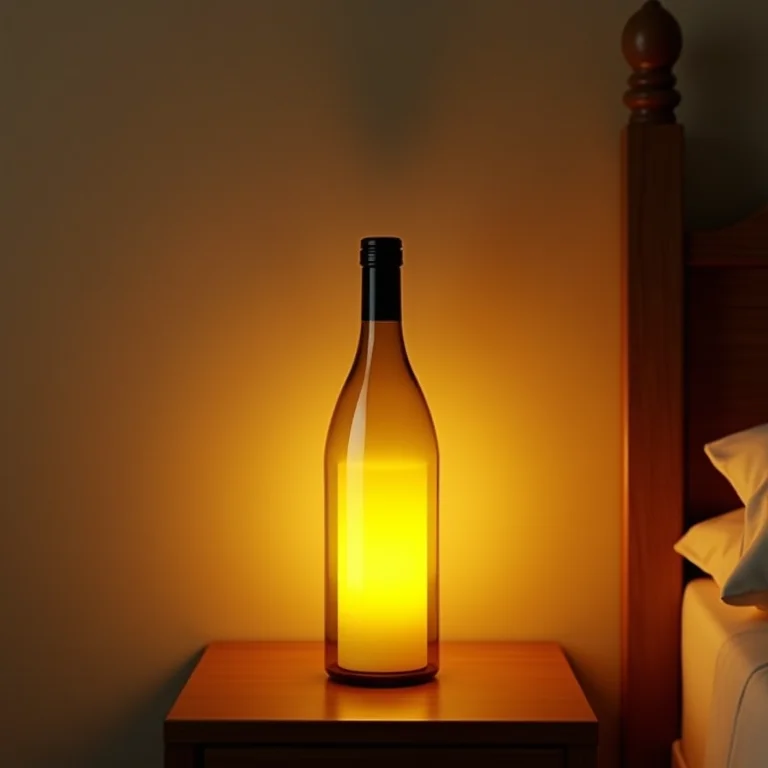 Garrafa de azeite reutilizada como luminária de cabeceira.