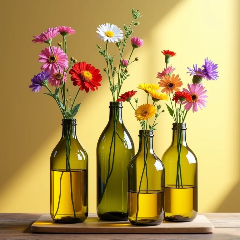Garrafa de azeite transformada em um vaso de flores.