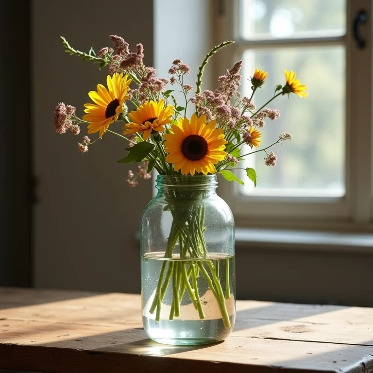 Garrafão de vidro transformado em vaso com flores silvestres