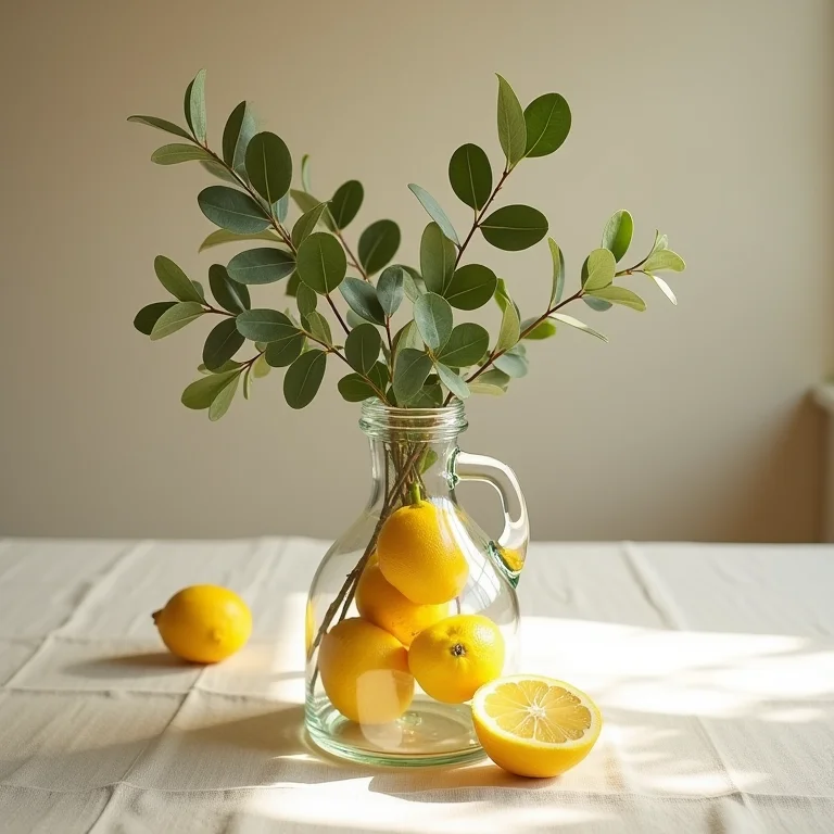 Garrafão de vidro usado como centro de mesa com limões e eucalipto